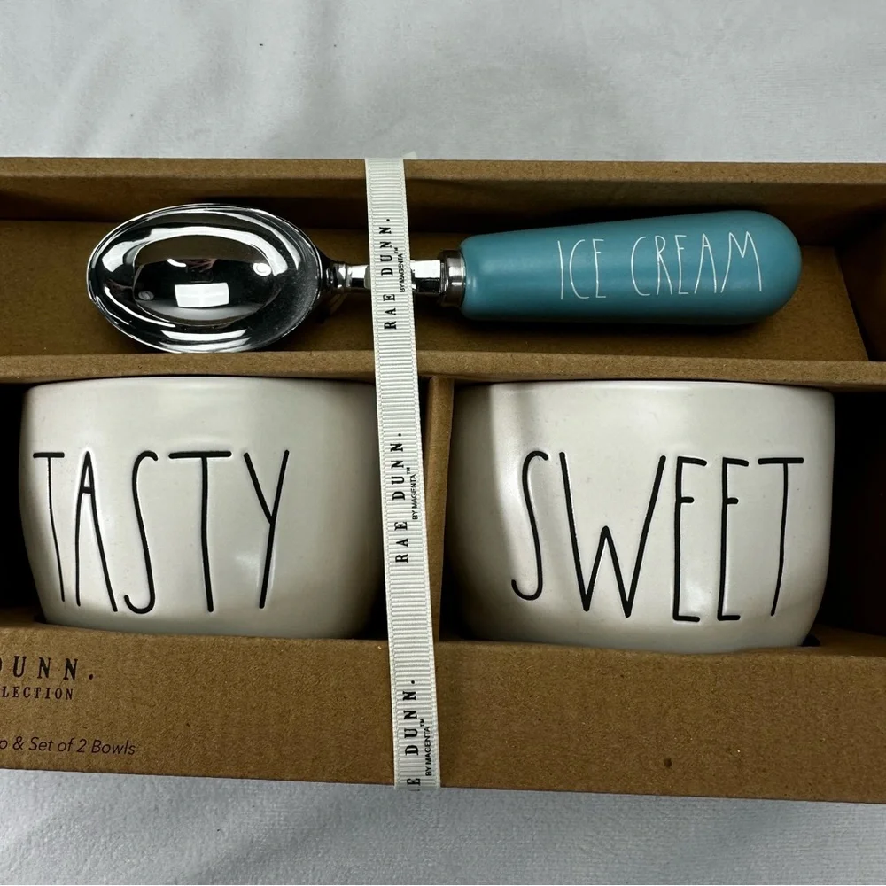 Rae Dunn Ice Cream Ceramic Set 2 Bowls 1 Blue Scoop NWT Sweet Yum Tasty Desert